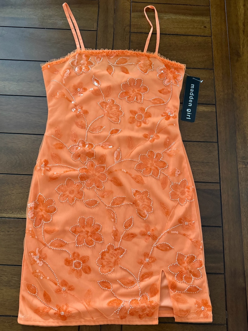 Madden Girl Orange Sequin Floral Slip Mini Dress